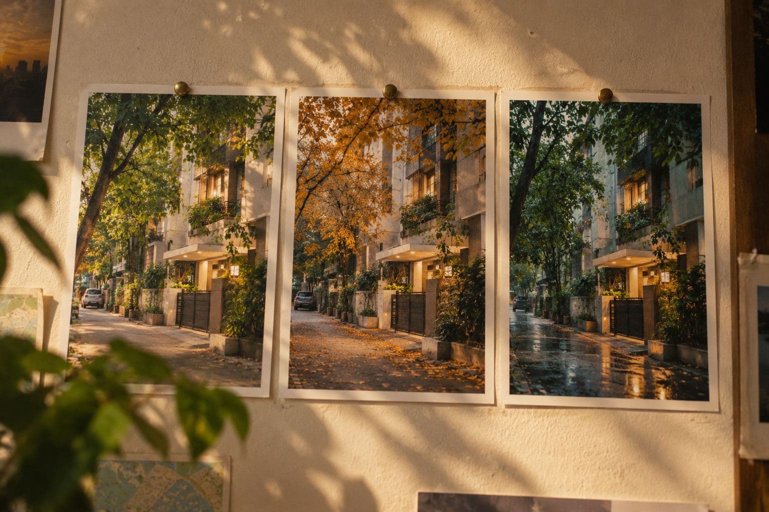 Three photographs of one building entrance in different seasons.