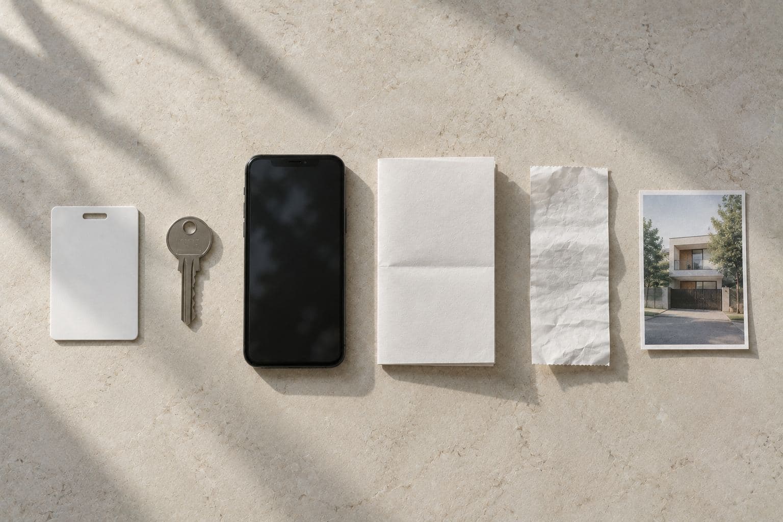 An ID card, key, phone, document, receipt and photo in a row.