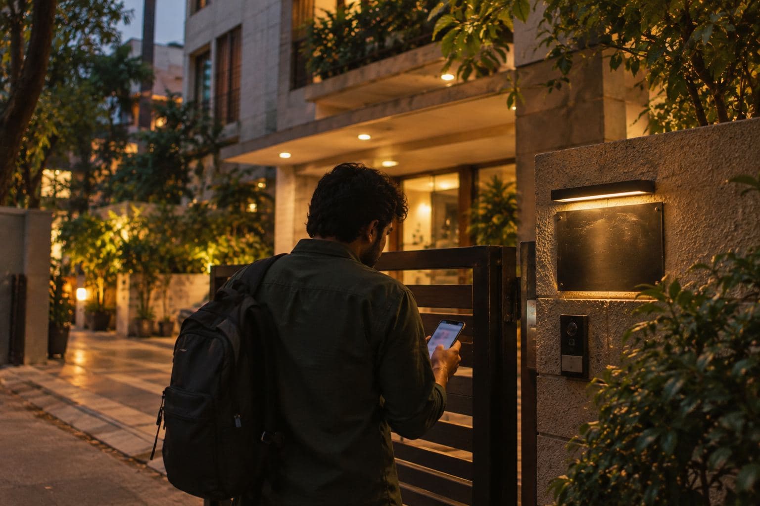 A person comparing a phone with a building's name board.