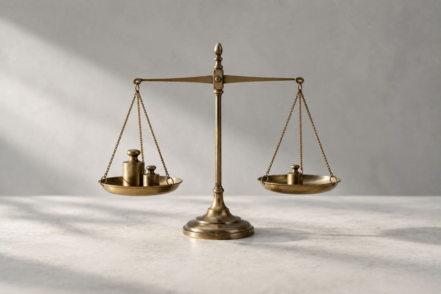 A brass balance scale with small weights.