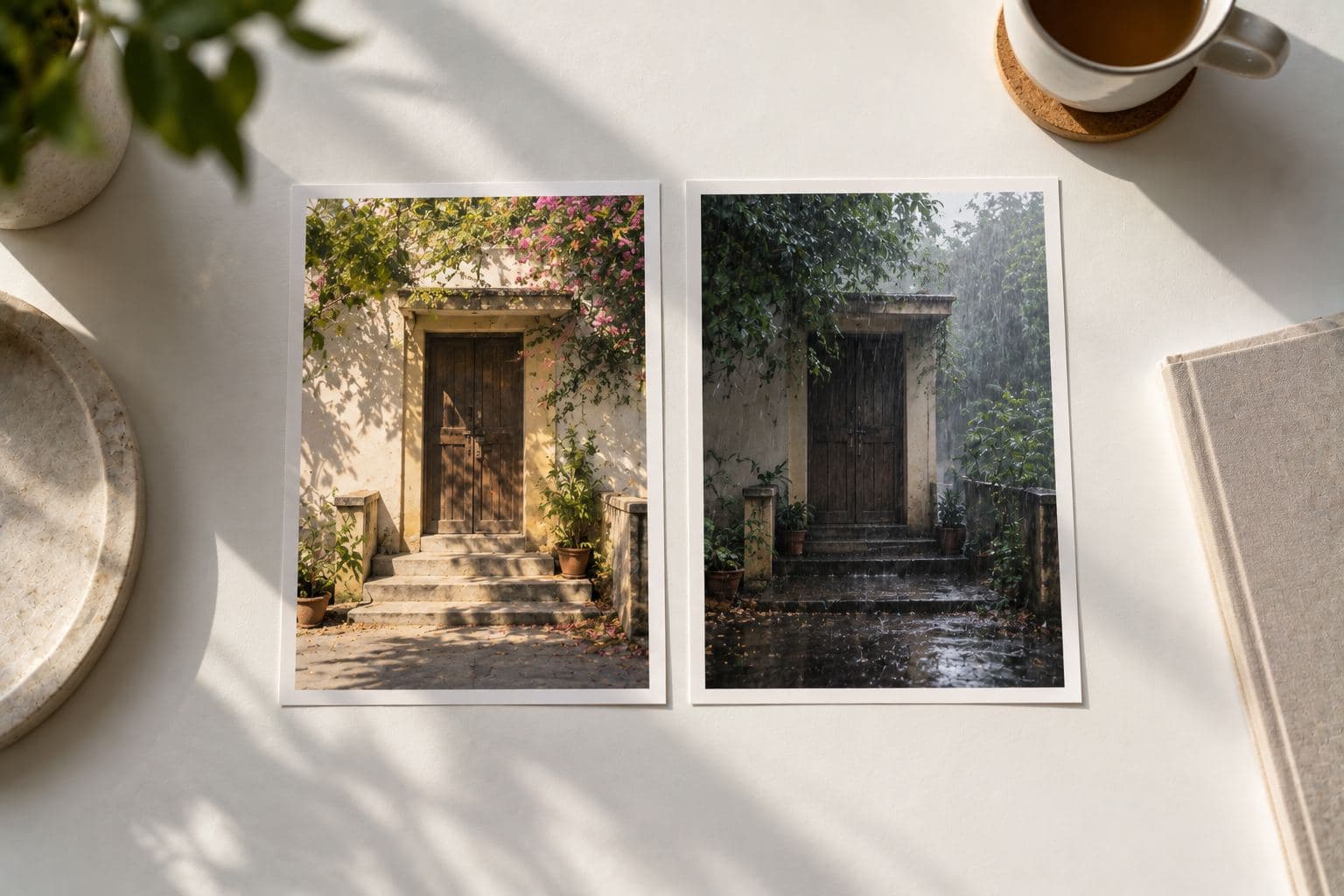 Two photos of one doorway, in sun and in rain.