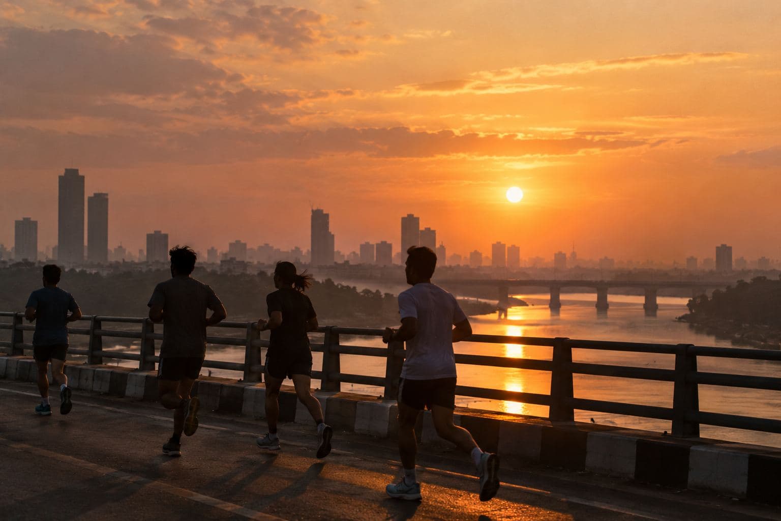 Runners crossing a city bridge at sunrise.