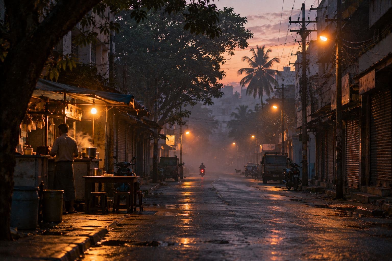 A misty street at dawn with one tea stall lighting up.