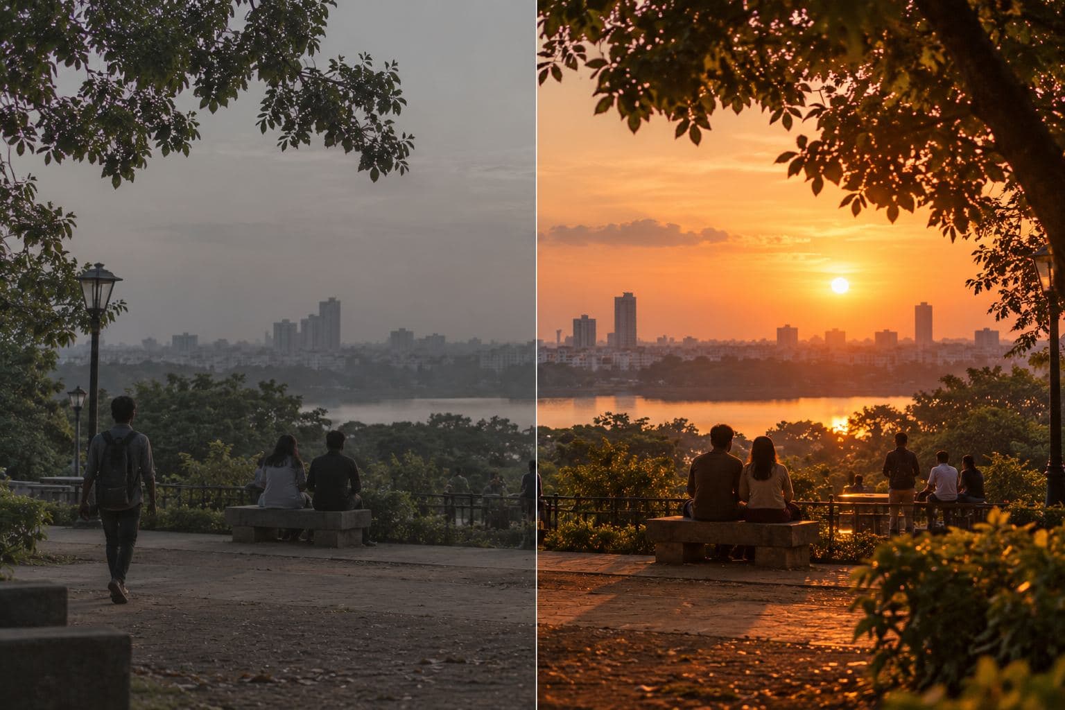 A park at sunset shown half ungraded and half graded.