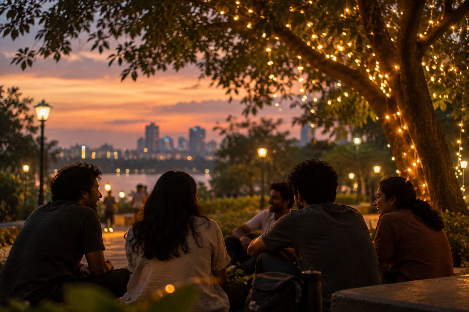 Friends laughing in a park under fairy lights at dusk.