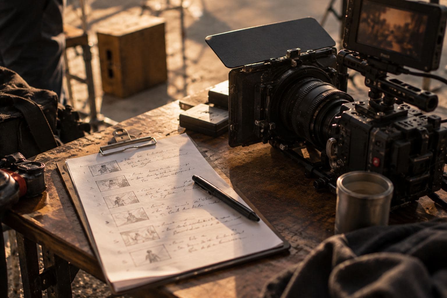 A shot list on a clipboard beside a small camera.