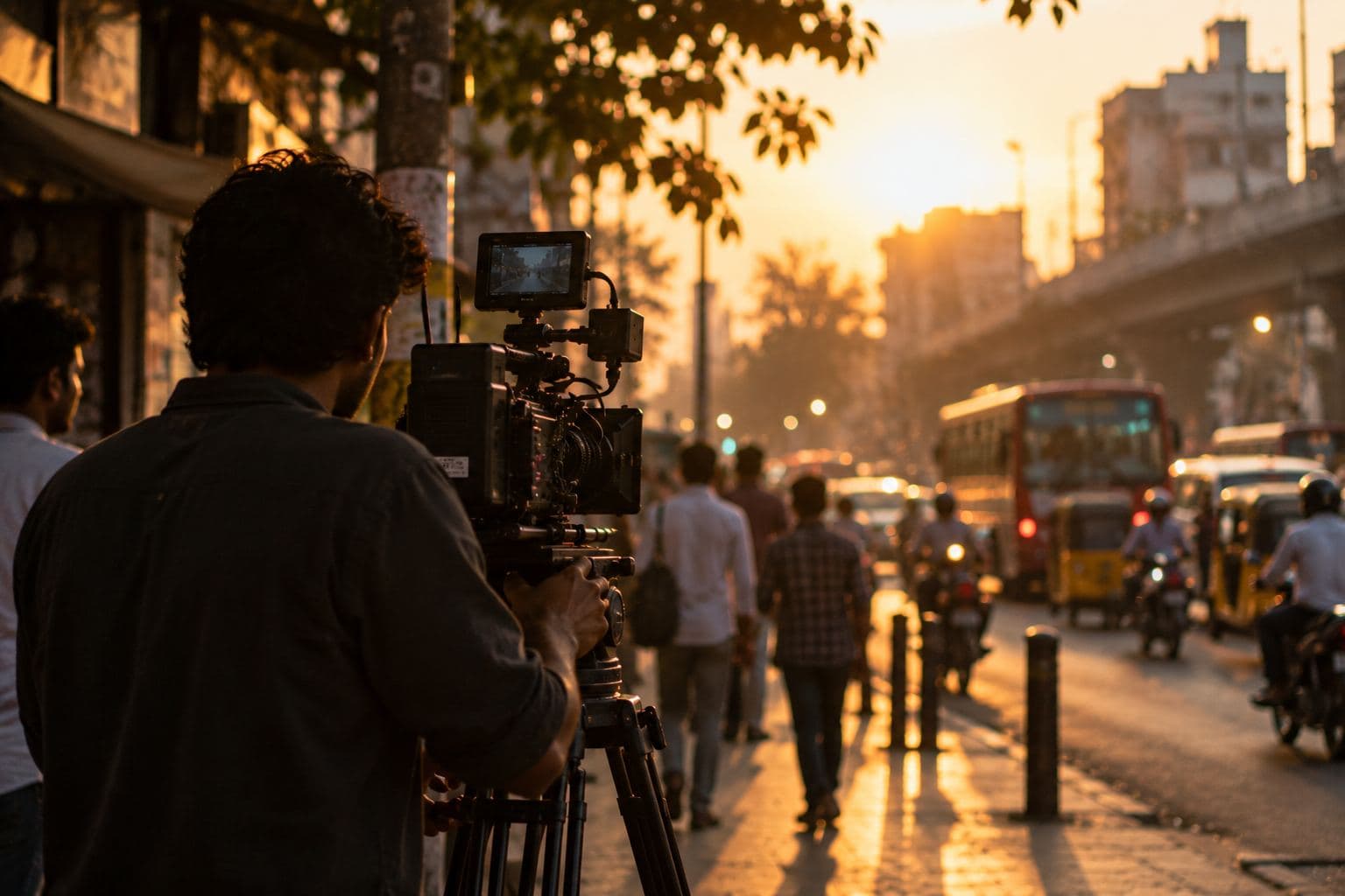 A camera operator on a city pavement at golden hour.