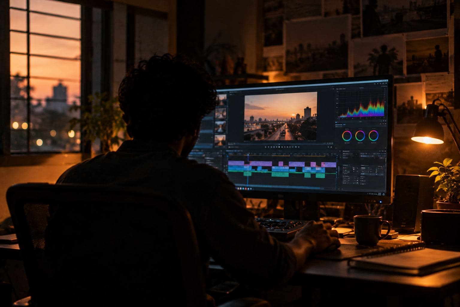 An editor at a dark desk with a timeline of coloured clips.