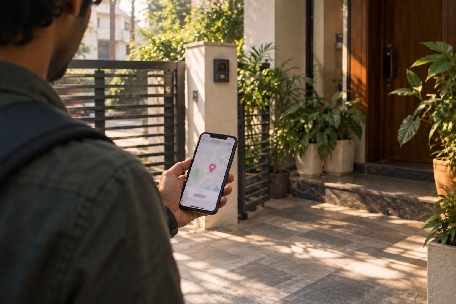 A phone showing a map with a single pin, held at a residential doorway.