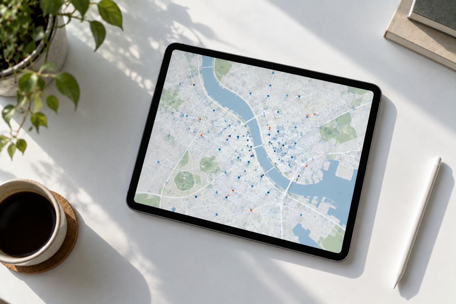 A tablet showing a map dense with points.