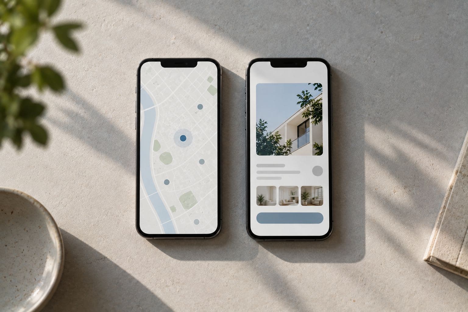 Two phones showing app screens.