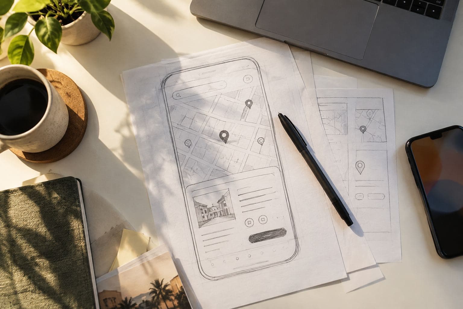 A paper sketch of a phone screen layout with a pen resting on it.