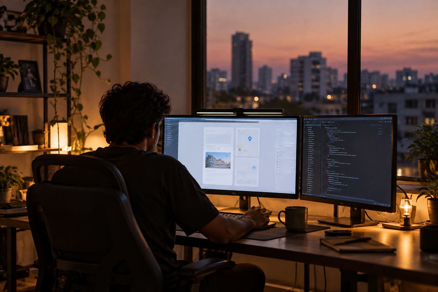 A developer seen from behind working across two monitors at dusk.