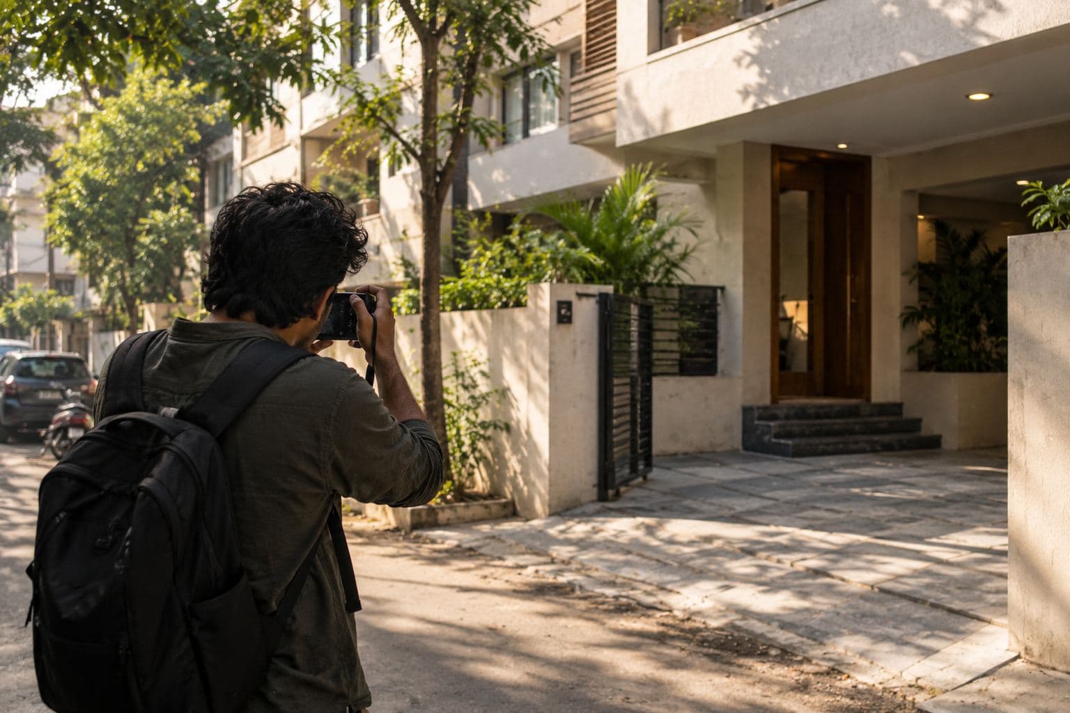 A photographer on a residential street photographing a building entrance.