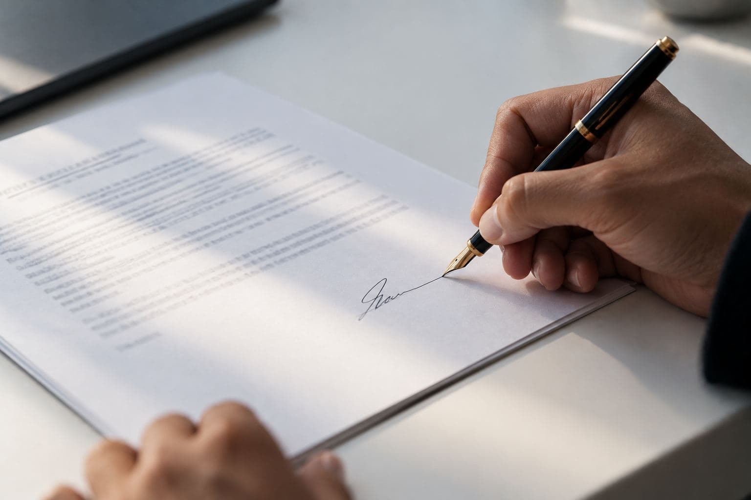 A hand signing the last page of a document.