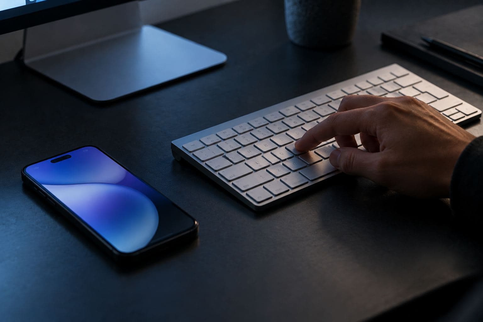 A hand pressing a key, a lit phone beside it.